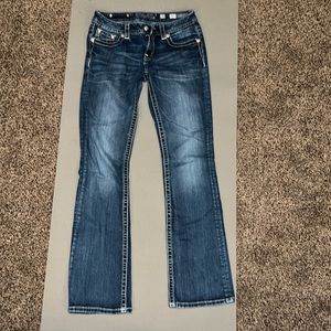 Miss Me embellished pocket boot cut mid-rise jean 28 34” Inseam medium dark wash